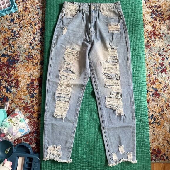 elite jeans Denim - Y2K Elite Jeans Distressed Denim Jeans Raw Hem Pants Light Blue Wash Womens Sz 9